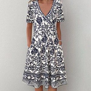 Blue/White Poly Print Empire Waist Dress